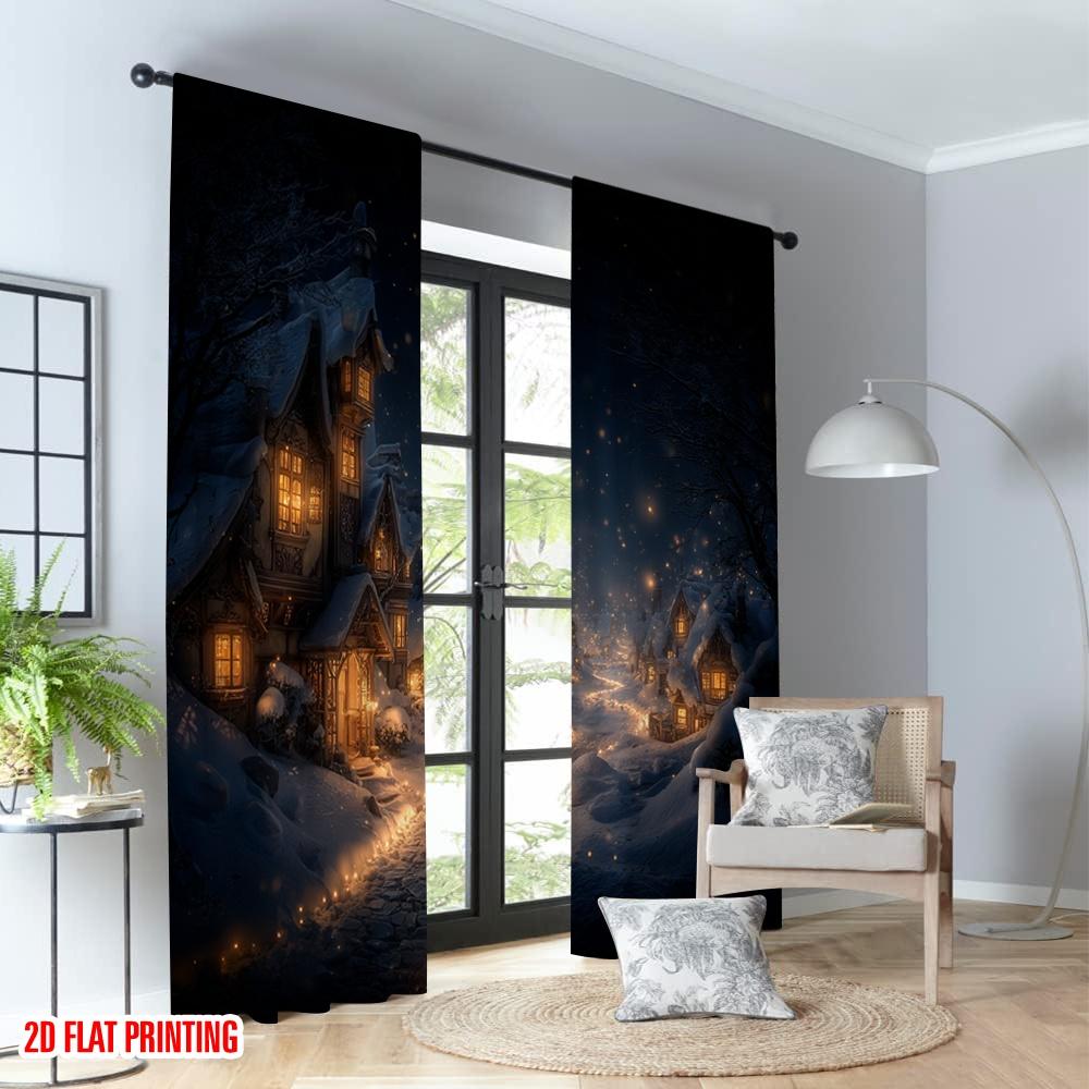 Set Of 2 Flat Printing Merry Christmas Curtains Cozy Winter Village Evening Scene Digital Printed Polyester Drapes Family Party Curtain Made