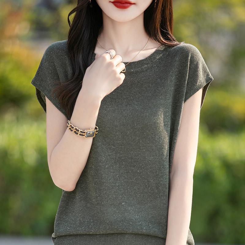 Women's V-Neck Lyocell Linen Knit T-Shirt - Spring/Summer 2026