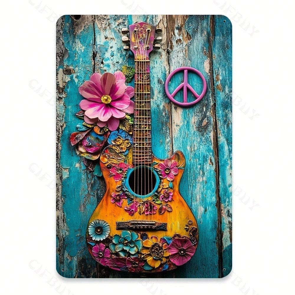 Vintage Hippie Guitar Music Tin Sign 8x12 Inch Metal Wall Decor Home Office Bar Man Cave Art Easy Hang No Power Required