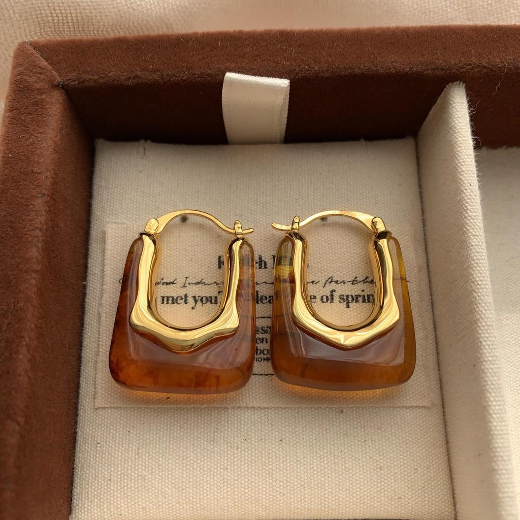 Retro Small Bag Earrings, Ear Buckles, French Loose Sense Niche Design, High Sense Light Luxury Amber Autumn And Winter Earrings