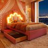 Children's Bed Girls Crown Single Bed with Adjustable Headboard, LED Strip, Slat Base and 2 Drawers, Made of PU Leather  (without Mattress), Pink