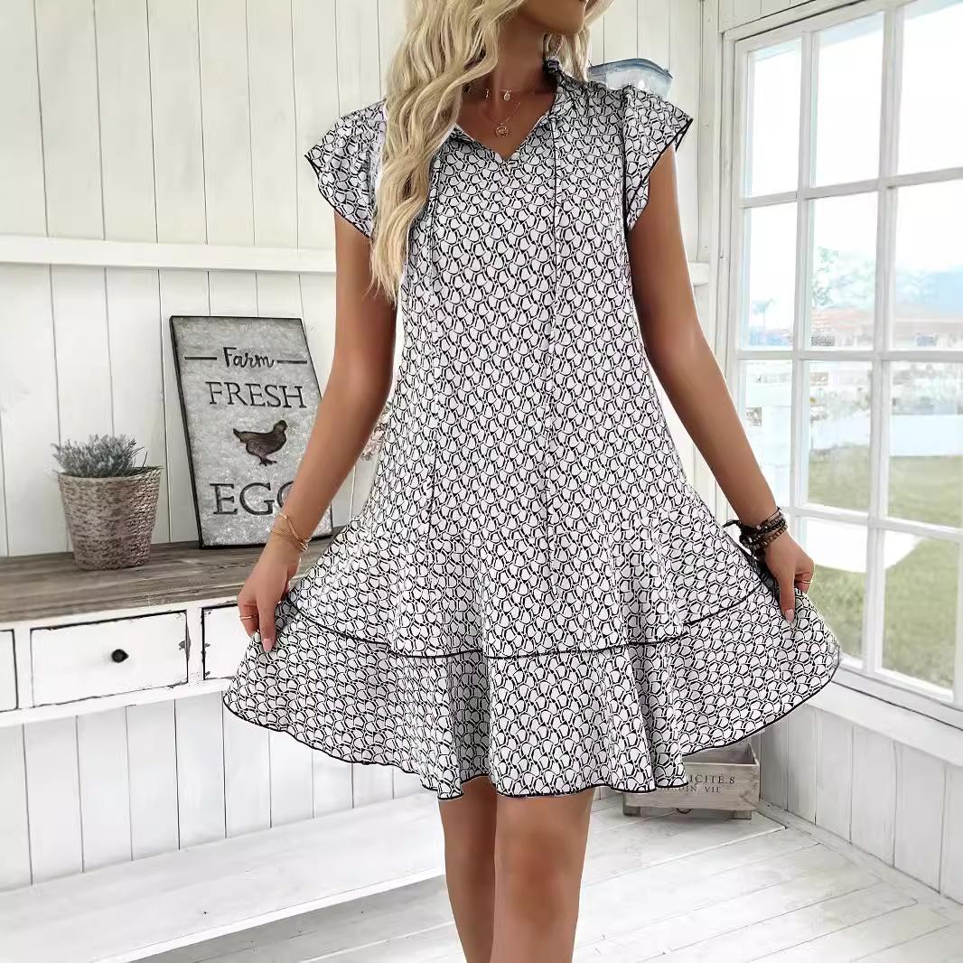 

Bohemian Printed V-neck Tie Small Flying Sleeve Dress for Women XXXXL білий