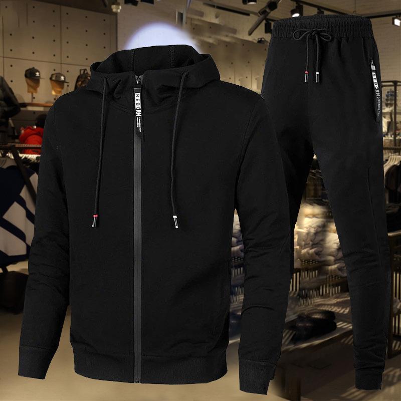 Men's Large Size Single Layer Casual Set Long Sleeve Hooded Zipper Shirt + Pants 2 Piece Set