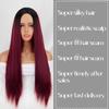 MISS WIG Perucă lungă și dreaptă pentru femei, fără breton, din fibră sintetică, cu dantelă în față, ombre, culoarea vinului roșu, perucă de zi cu zi