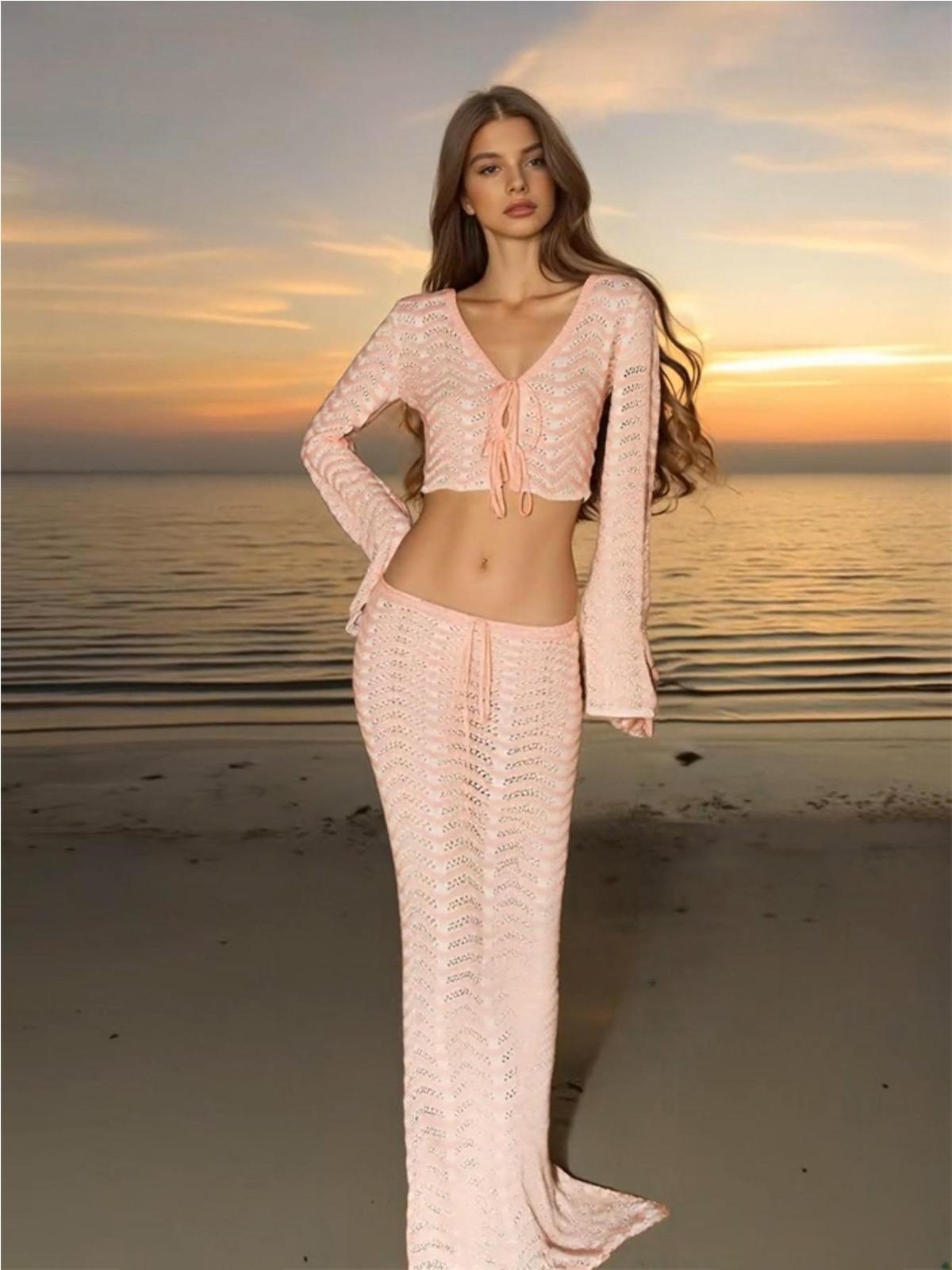

Sexy Knit V-neck Long Sleeve Lace-up Top Beach Half Skirt Two-piece 2025 Summer Women s Casual Outfit Swimsuit Cover Up Set K192 L різнокольоровий