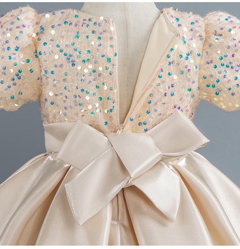 Girls' Sequin Satin Short Sleeve Evening Dress - Puffy High-End Birthday Costume