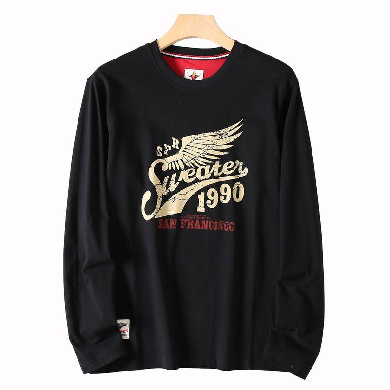 Men's Export Surplus Washed Cotton Non-Feeling-Printed American-Style Casual Early Autumn Long-Sleeve Crew Neck T-Shirt