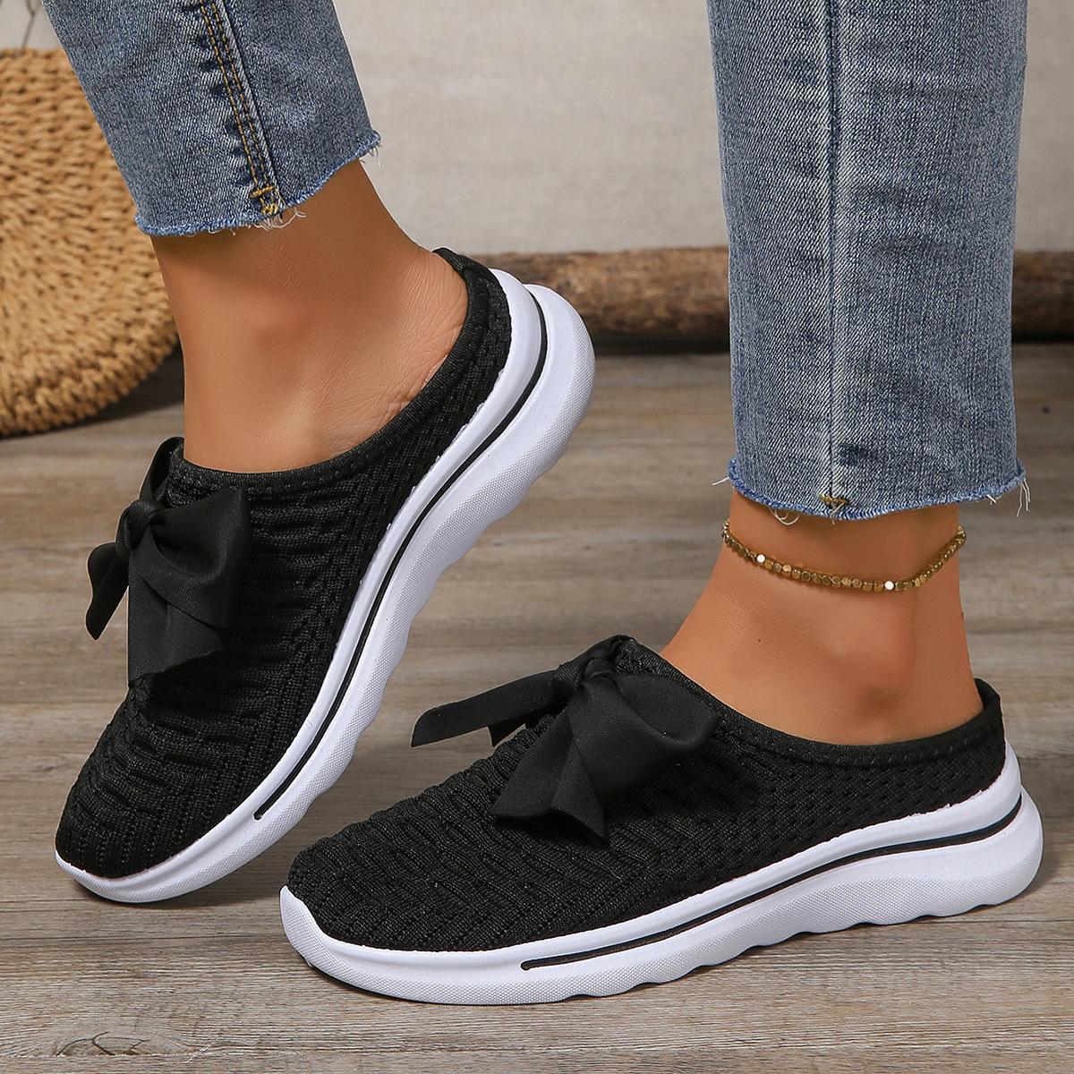 

Slippers women wear large size foreign trade women s shoes bow women s breathable half-drag single shoes shoes casual shoes 42 чорний