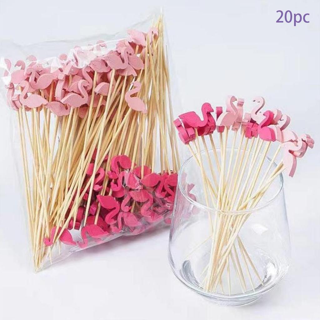 20pcs/set Hawaii Theme Fruit Sticks Flamingo Fruit Disposable Bamboo Sticks Summer Beach Party Supplies Hawaii Birthday Decors