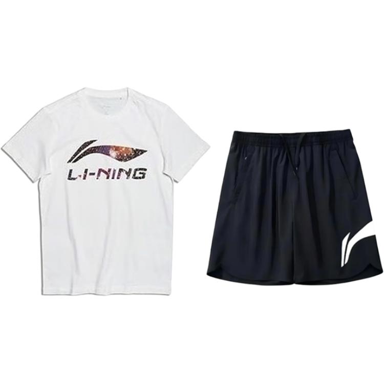 

Li-Ning Модный удобный пуловер с круглым вырезом и короткими рукавами с принтом в виде букв, универсальные шорты, повседневный спортивный костюм AHSS971-3+YKSV197-2 XXL