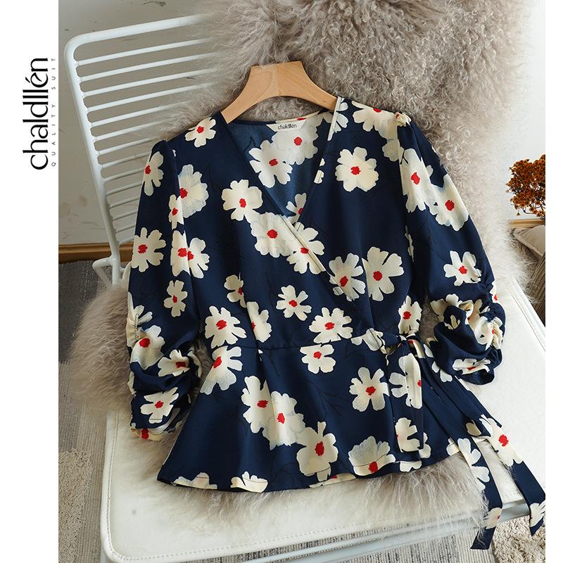 Damen Retro Französischer Print V-Ausschnitt Wickeloberteil - Verspielt und Neu