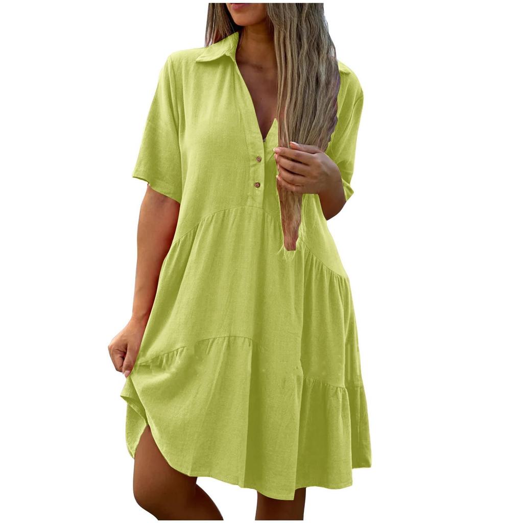 Summer Loose Color Lapel Casual Short Sleeved Cotton Linen Dress