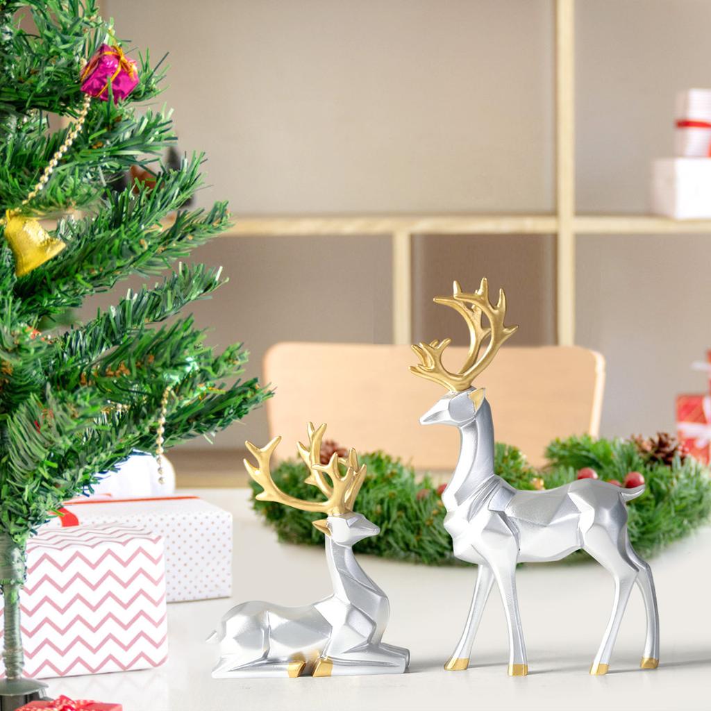 Christmas Figurines,2Pcs Resin Sitting Standing Deer Statues Couple Sculpture Deer Ornaments Modern Home Decor For Living Room, Bedroom, TV Cabinet
