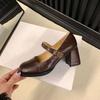 Cowhide Version~ Genuine Leather French Mary Jane Shoes Women's College Style Retro Square Head One-word Buckle Light Mouth Single Shoes High Heels