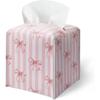 Pink Bow Stripes Tissue Box Cover, Cute Preppy Leather Tissue Box-Waterproof, Aesthetic Home Decor for Desktop Living Room Vanity Office, Gift Idea