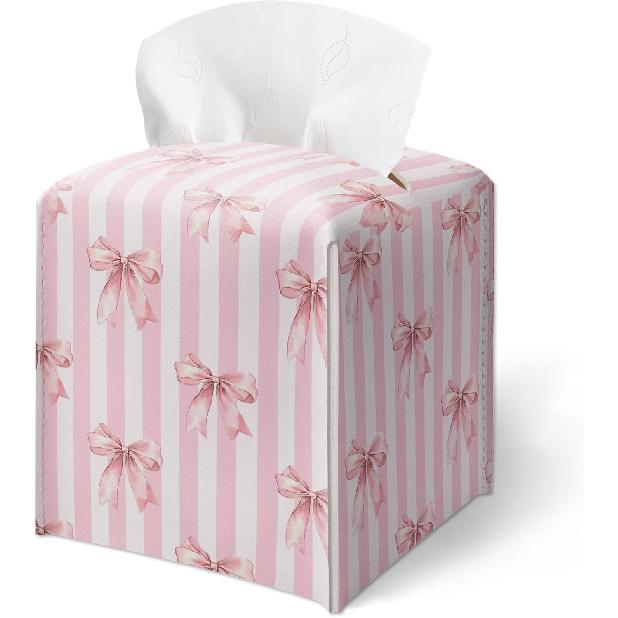 Pink Bow Stripes Tissue Box Cover, Cute Preppy Leather Tissue Box-Waterproof, Aesthetic Home Decor for Desktop Living Room Vanity Office, Gift Idea