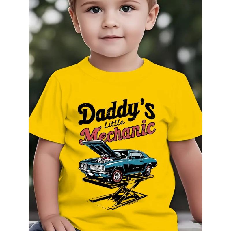

European sizes Summer Boys Fashion Short-Sleeve T-Shirt DADDY s LITTLE MECHANIC with on Elevator Cartoon Print Outdoor Casual Top 98cm жёлтый