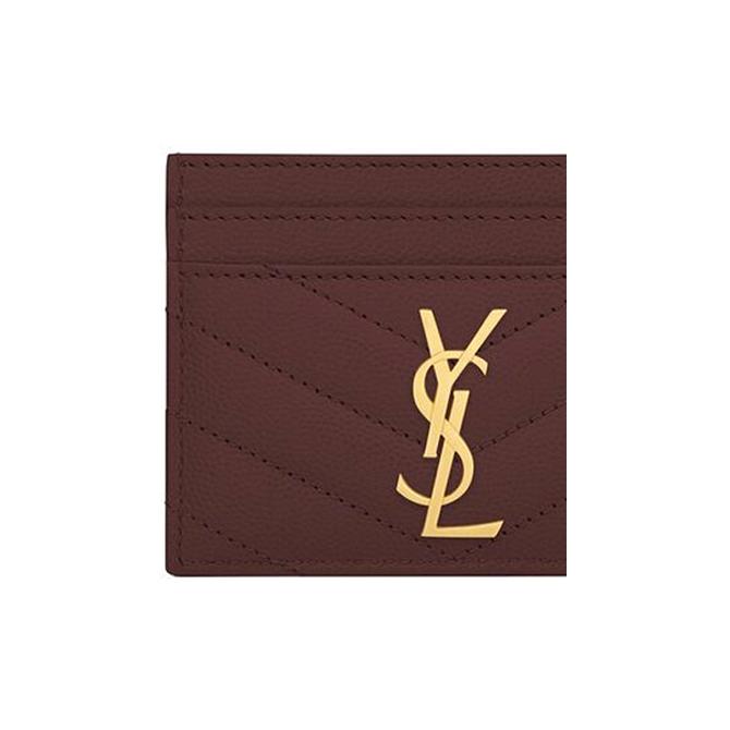 Saint Laurent Ysl Monogram Gold Logo Grainy Embossed Quilted Leather Card Holder Women card holder Dark-Red 423291-BOW01-6475