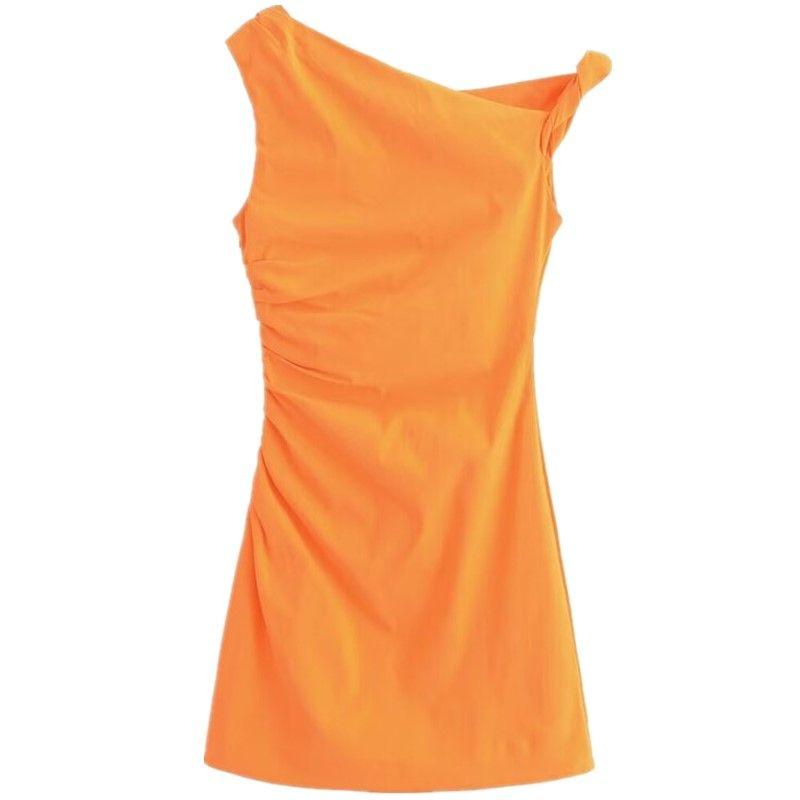 

Fashion Style 2024 Summer New Arrival Women s Stylish Silm Versatile Asymmetric Neckline Ruched Skirt Dress Picture color L