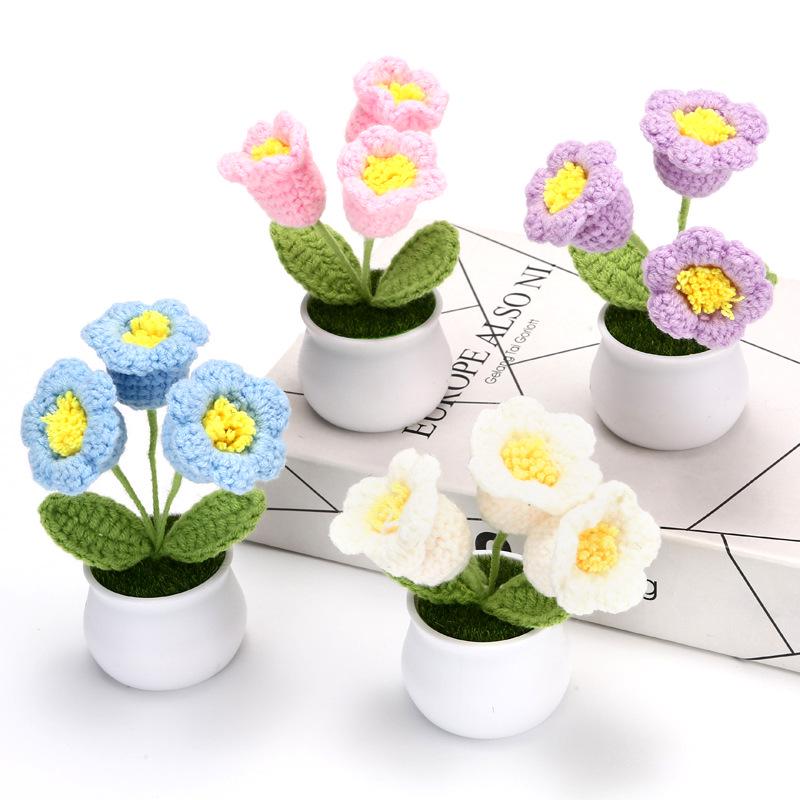 Crocheted Wool Lily of the Valley with 3 Stems - Small Artificial Potted Plant Decoration for Home or Gift.