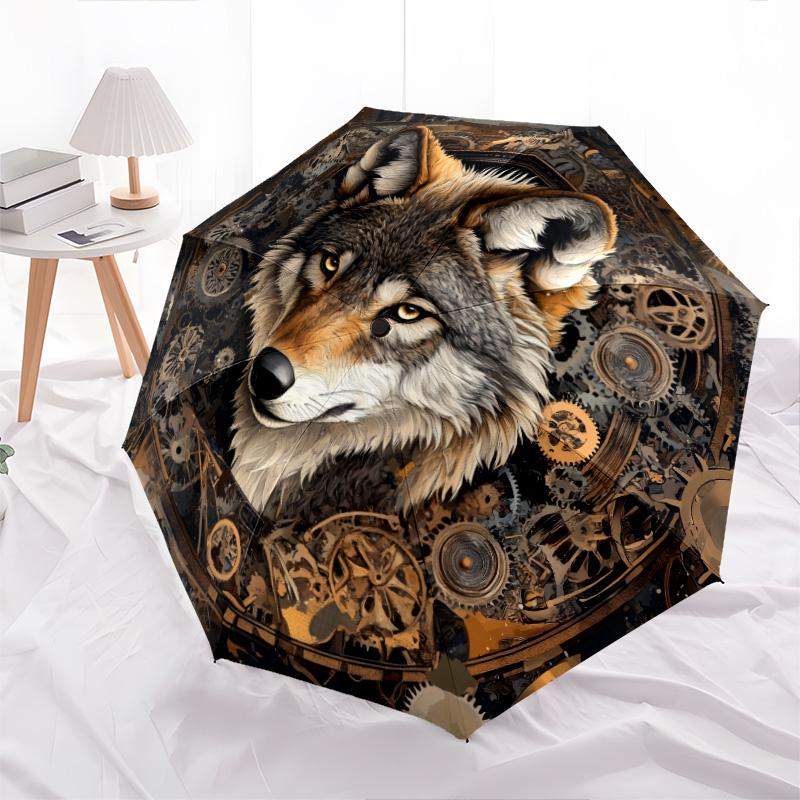 Gear Wolf pattern, automatic folding umbrella, portable and foldable design, 8 ribs, a Christmas or birthday gift.