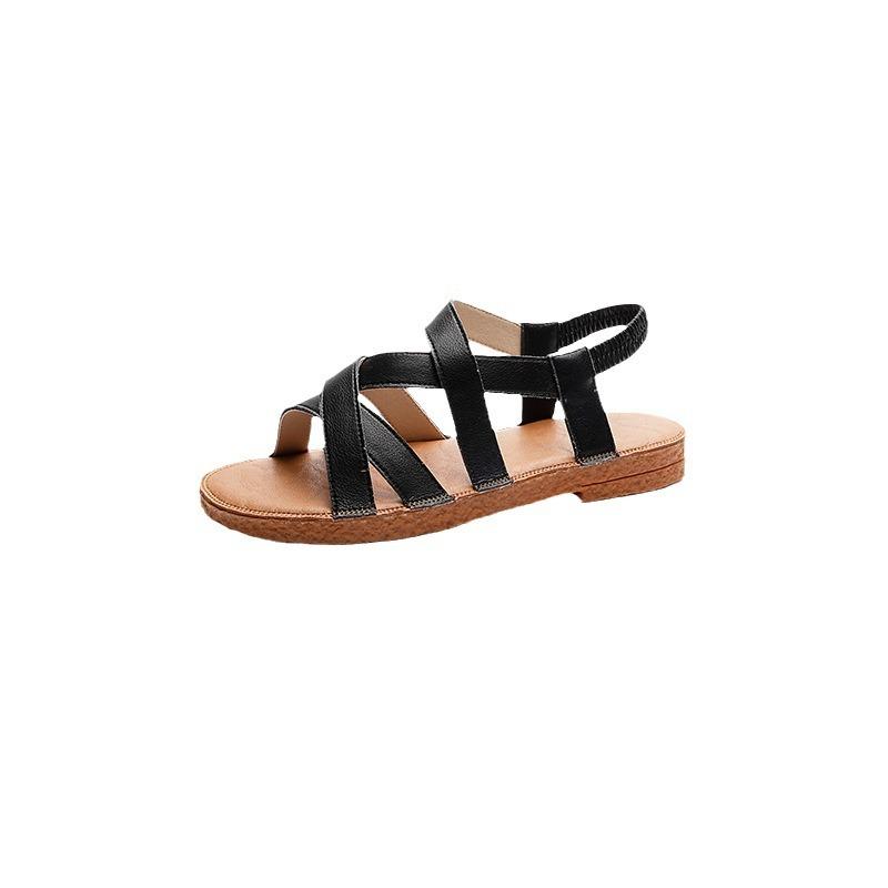 2025 new summer cowhide cross flat heel rubber soft sole casual breathable light foot cover solid color Roman sandals women