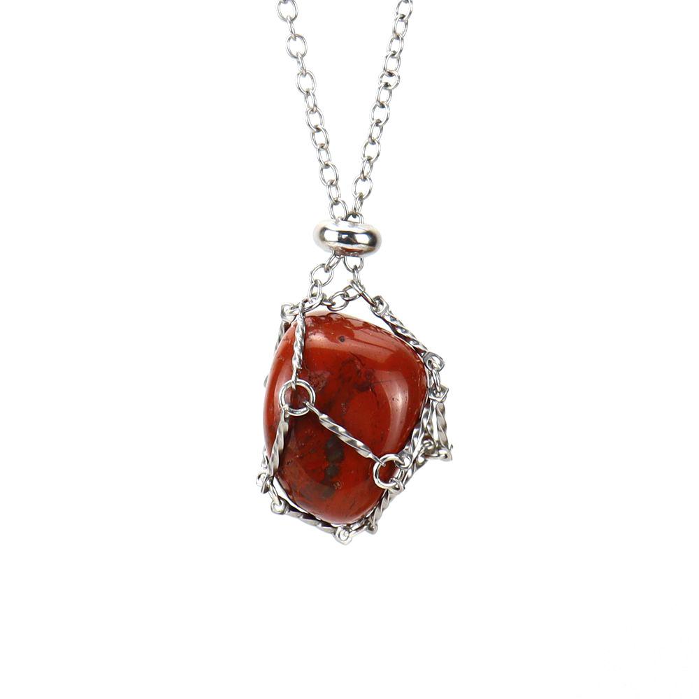 Stainless Steel Metal Bamboo Braided Mesh Prison Cage Pendant Natural Crystal Rough Stone Necklace Adjustable N700