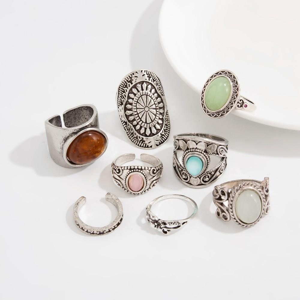 8Pcs/Set Carved Wide Band Stackable Rings Antique Silver Tone Carved Pattern Rings  Daily Match