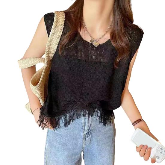 

Женские топы-майки с круглым вырезом, без рукавов, с бахромой по низу, однотонные, свободного кроя, вязаная майка, для повседневной носки