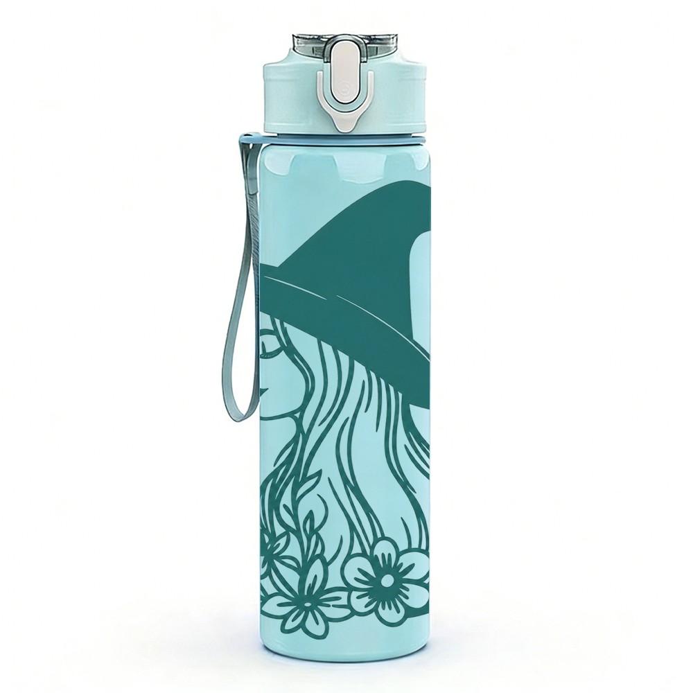 1PC Green Line Art Witch Girl 750ml Color Plastic Sports Water Bottle Leakproof Flip Straw Lid Suitable for Sports Office Home Use