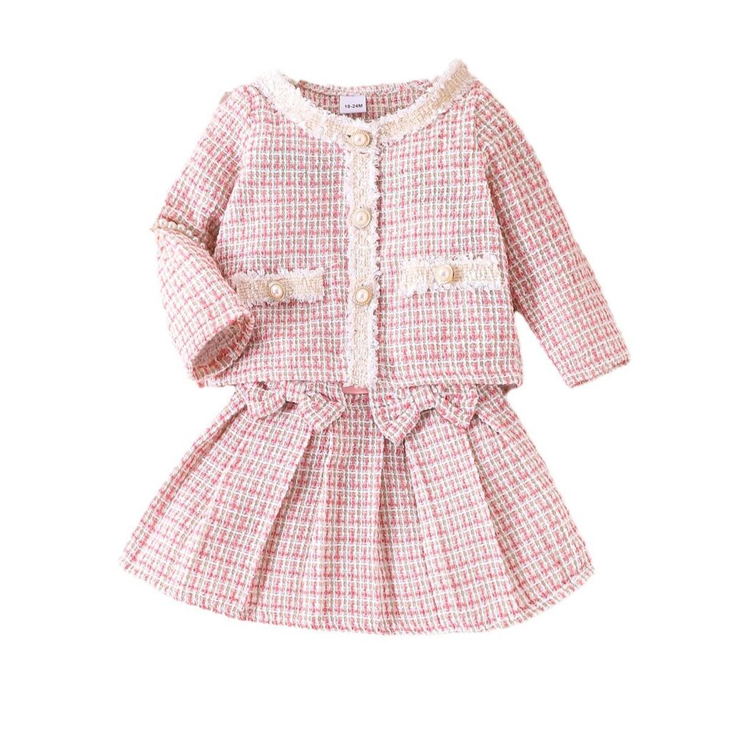 Girls Fashion Set Spring and Autumn Children's Casual Knitted Long Sleeve Breasted Coat Bow Skirt Two-piece Set