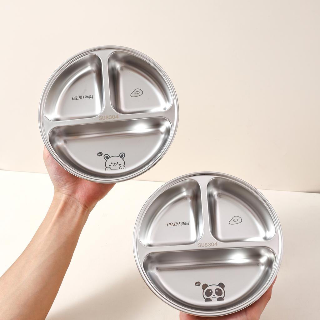 3 Compartment Cute Round Children Food Plate 304 Stainless Steel Divided Dinner Plate Fruit Salad Plates Dishes Dishwasher Safe