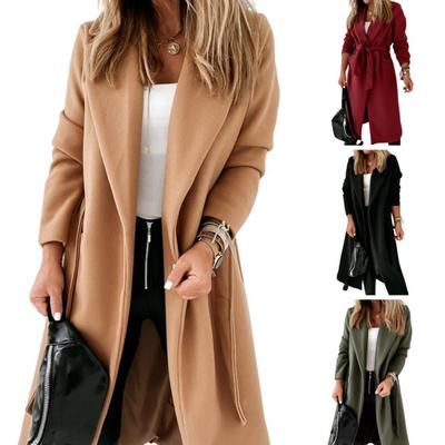 Winter Wollen Damesjas met Vetersluiting Riem Losse Effen Kleur Omgeslagen Kraag Overjas Vest Lange Mouwen Middellange Lengte Dating Woon-werkverkeer Jas