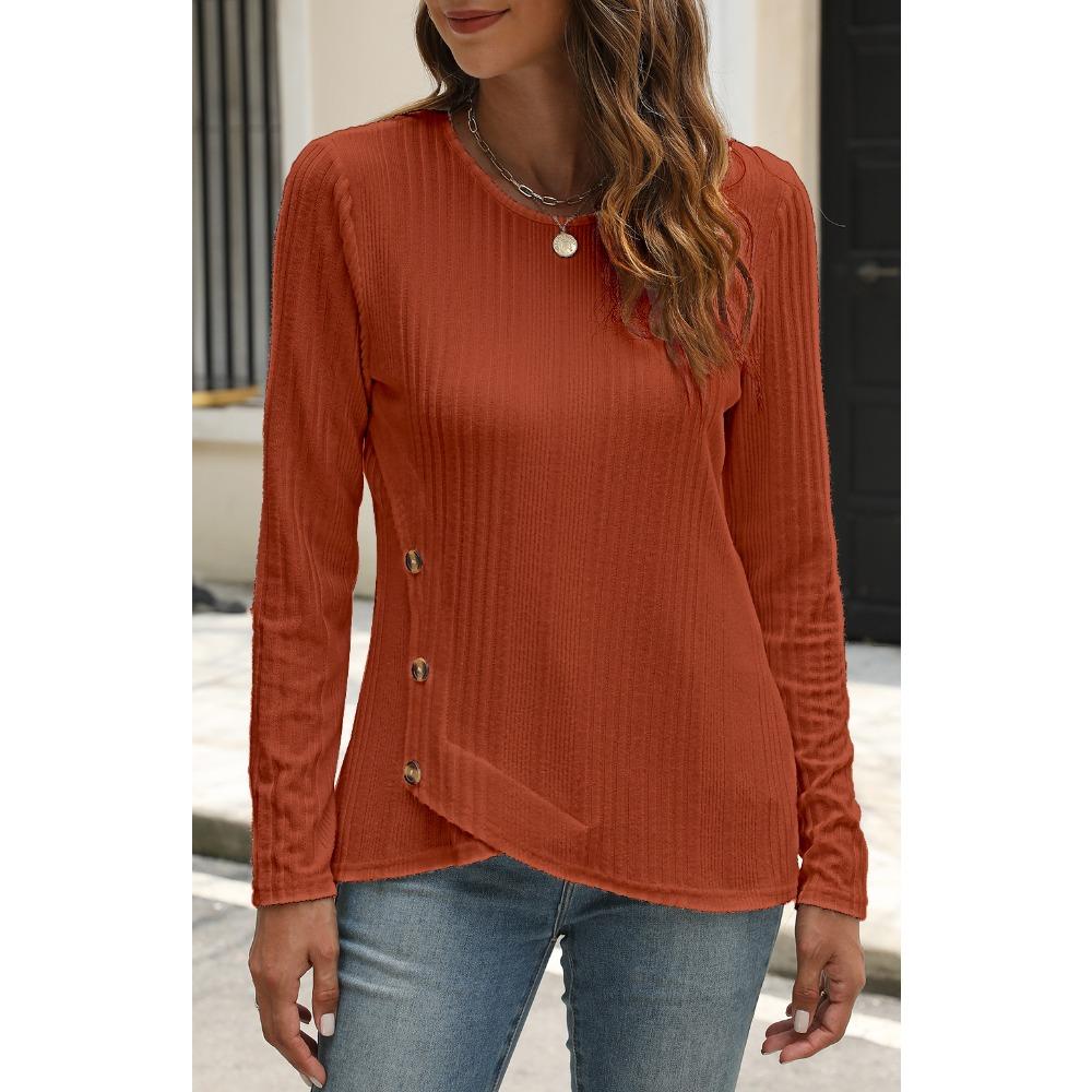 GMXIA Women's Fall Winter Pit Strip Wool Button Long Sleeve T-shirt Top