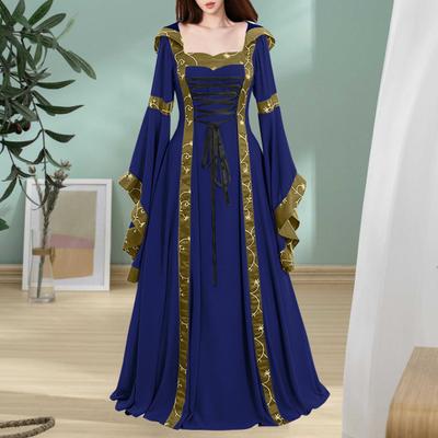 Women Dress Medieval Royal Style Lace-up Hooded Bat Sleeve Maxi Dress Waist-Cinching Square Collar Stage Performance Halloween Renaissance Cosplay
