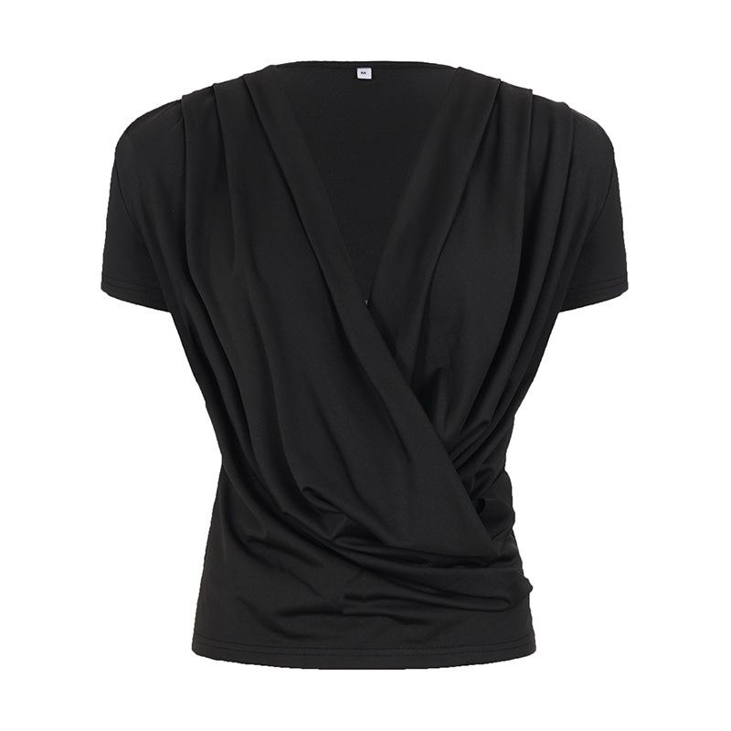 Sexy Deep V Neck Pleated Solid Short Sleeve T Shirt For Women