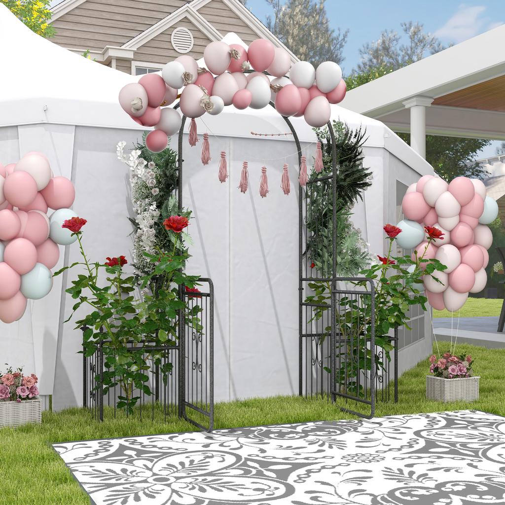 Metal Garden Arbor Arch with Double Doors, 2 Side Planter Baskets, Climbing Vine Frame, Black
