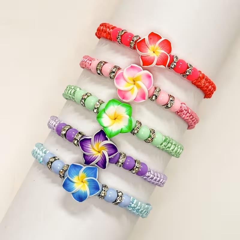 5pcs Hawaiian Plumeria Flower Beaded Bracelets Luau Summer Beach Party Gift Aloha Tropical Birthday Decoration Bohemian Wedding
