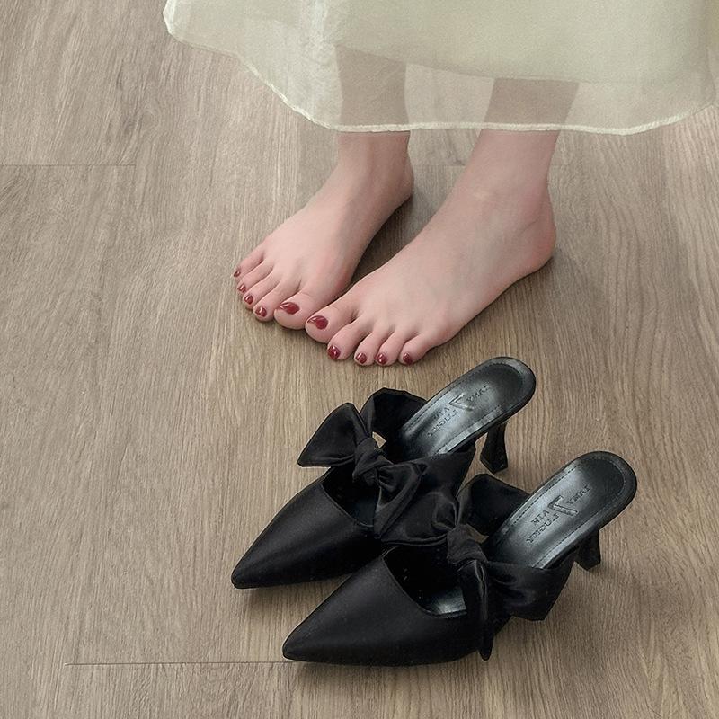 

Туфли на высоком каблуке женские весна-лето 2025 новые французские маленькие ароматные ветровки с заостренным носком и бантом на голову женские уличные тапочки 35