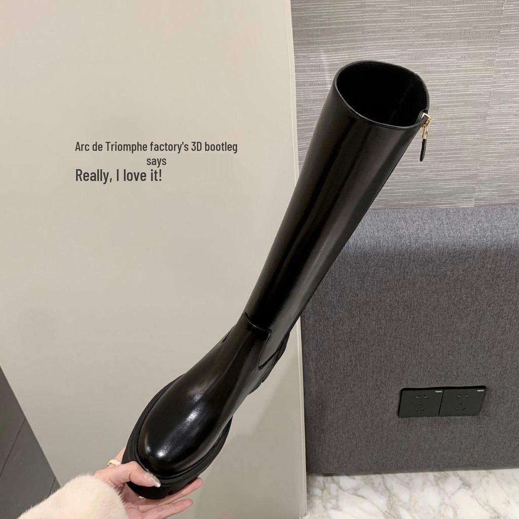 Women's Genuine Leather Knee-High Boots, Velvet-Lined, Inner Height Increase, Thick Sole, High Heel, Hard Shaft, High Shaft - Ideal for Autumn/Winter.