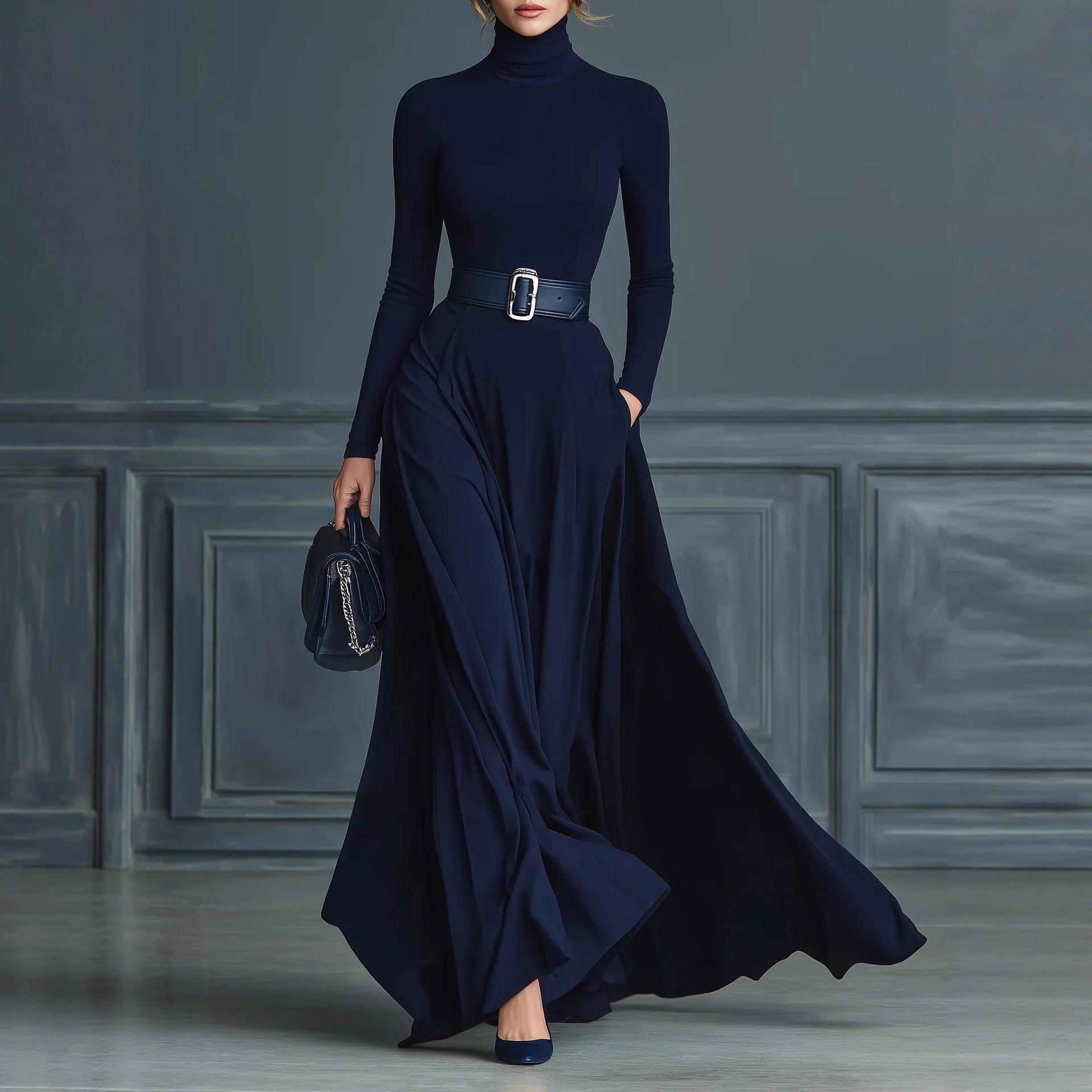 

Autumn/Winter 2025 Long Sleeve Solid Color High Collar Dress for Women M темно-синий