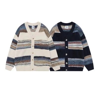 Autumn New Japanese Retro Lazy Style Striped Jacket Knitted Cardigan Men