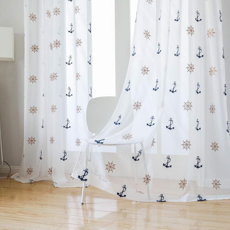 Taisier Home Window Treatments Sheer Curtains Draperies with Nautical Anchor for Living Room/Bedroom/Nursery Sliding Glass Door Ring Top