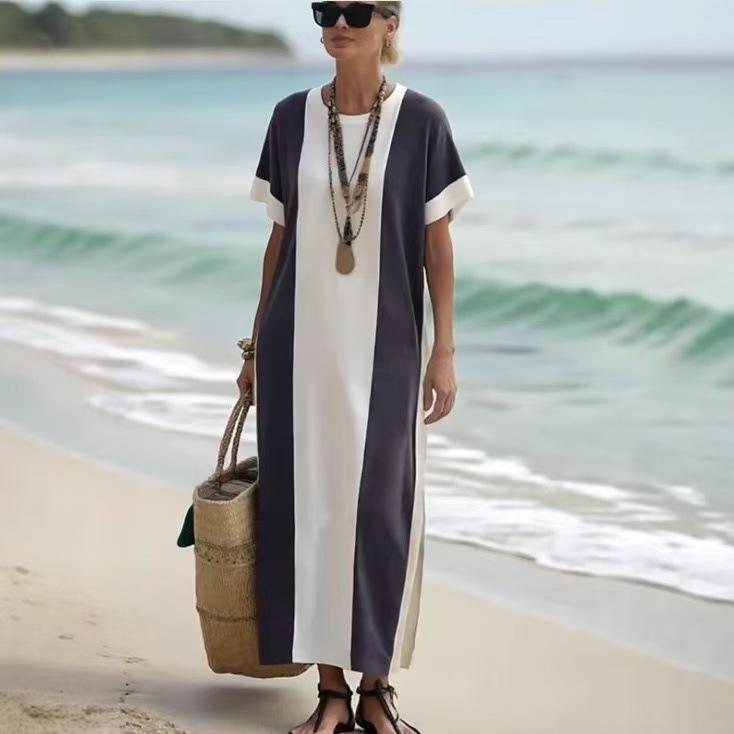 2026 European and American holiday Amazon TK Y2 women s holiday contrasting color printing crew neck loose dress S глубокий пурпурный