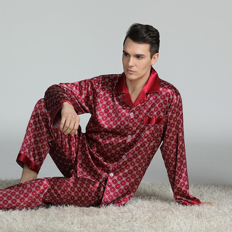Men's Silk Print Pajamas Set - Long Sleeve Ice Silk Sleepwear for Spring/Summer, Plus Size Available