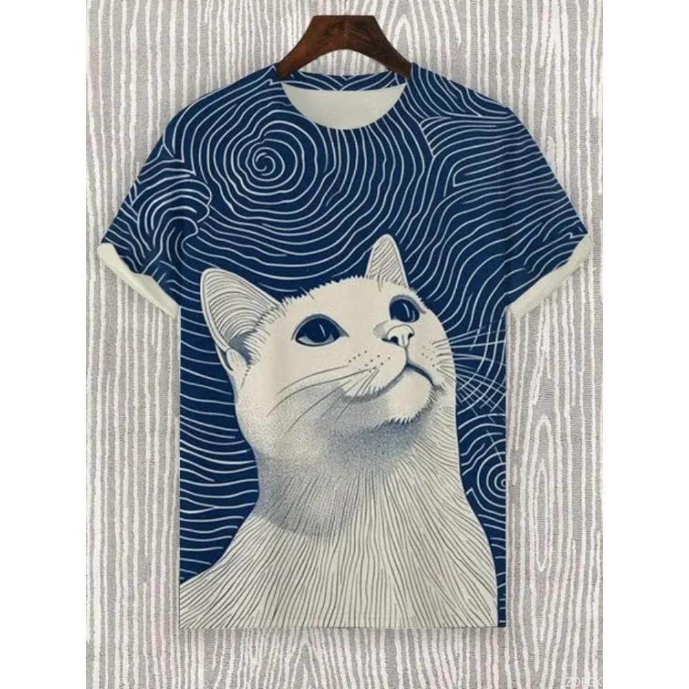 Summer New 3D Fun Cute Kitten Art Cartoon Print Loose, Fashionable and Comfortable Round Neck Short Sleeve T-shirt