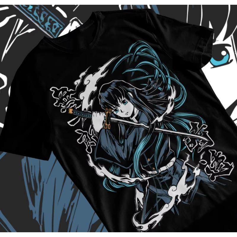 Trend Summer 2025 Cosplay Neutral Black and White Muichiro Tokito T-shirt Kimetsu Yaiba Demon Slayer Anime Black Shirt Soft Tee