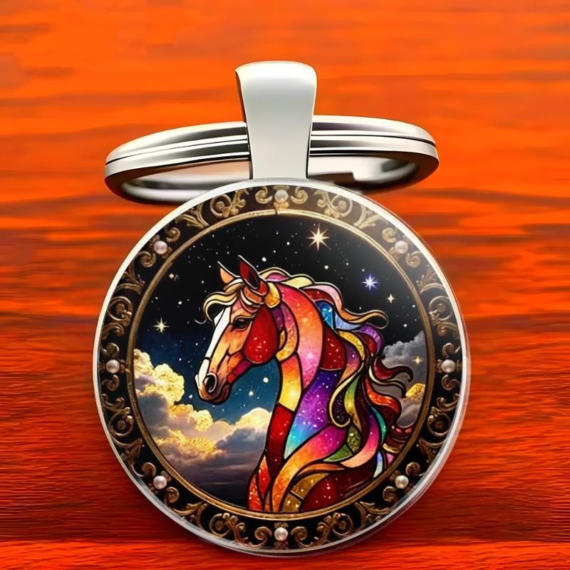 Fashion Vintage Horse Pattern Design Dome Glass Alloy Keychain Backpack Pendant Hanging Decoration Car Keyring Gifts