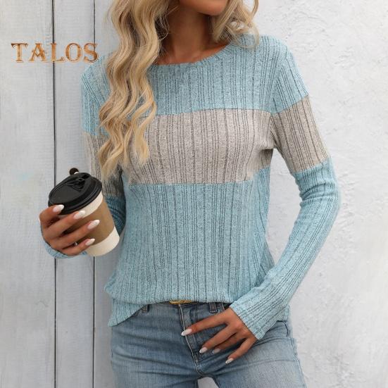 Dámské topy s kulatým výstřihem, dlouhým rukávem, barevný blok, žebrované pletací topy, volný střih, ležérní, svetrové topy, denní nošení