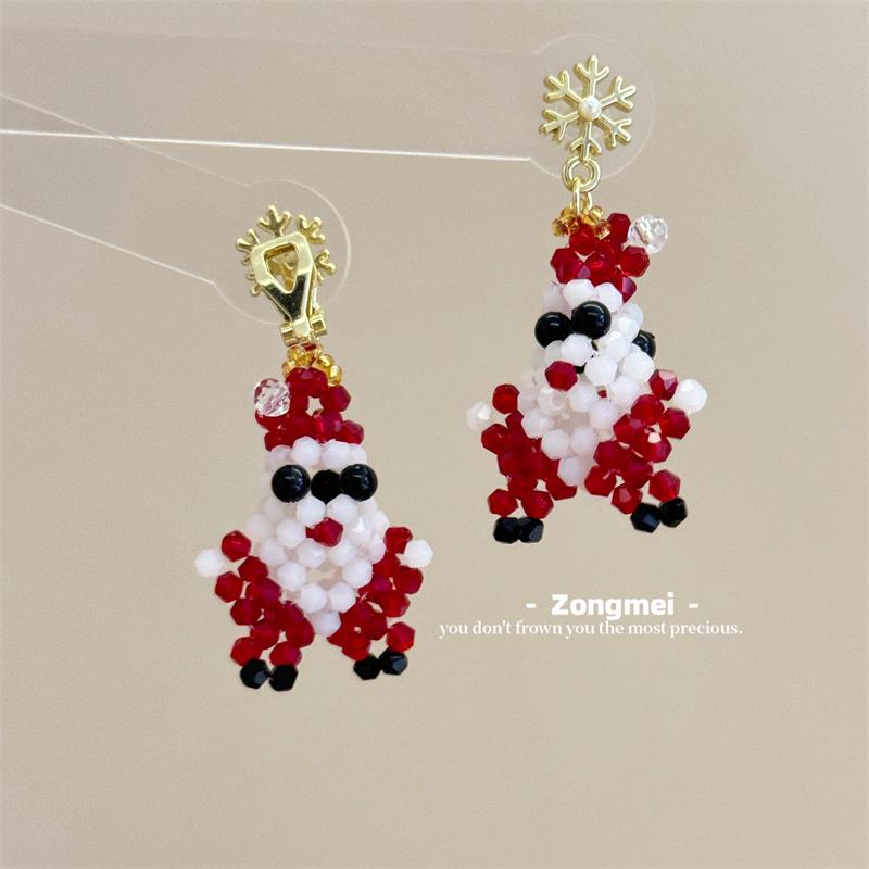 3D Christmas Tree Earrings with Red Bow - Heavy Beaded Crystal Ear Clips, Hand-Woven Holiday Accessories